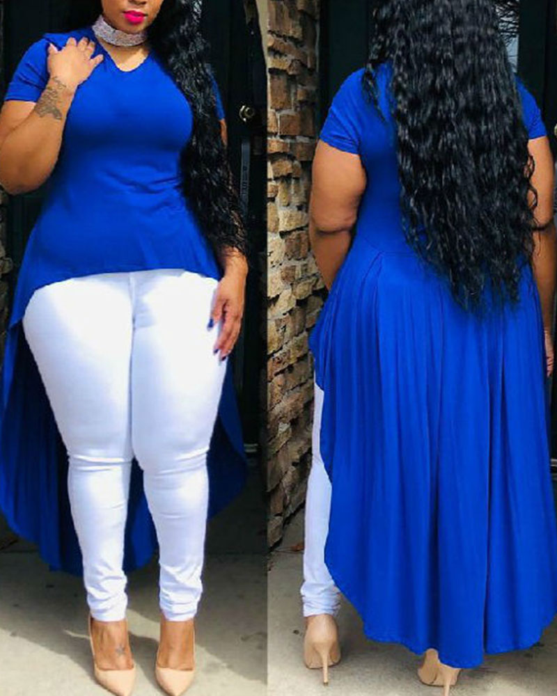 

Plus Size Short Sleeve High Low Hem Top, Blue