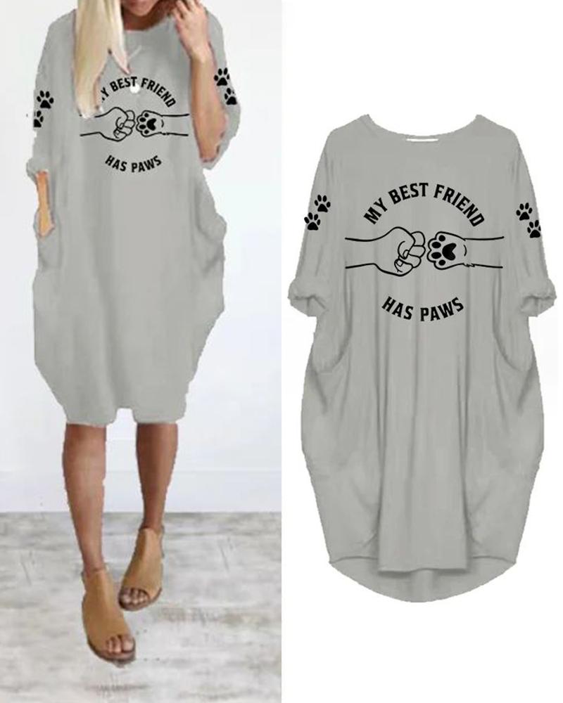 

Puppy Claw Letter Graphic Print Casual Dress, Gray