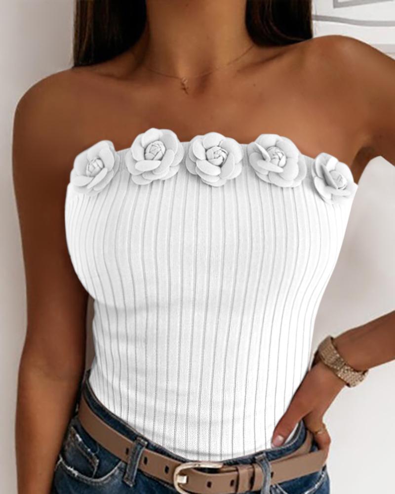 

Floral Pattern Bandeau Casual Knit Top, White