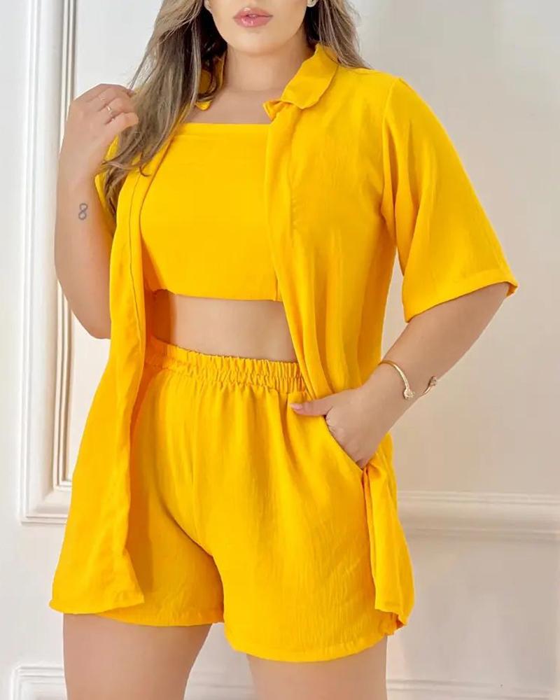 

Half Sleeve Shirt & Pocket Design Shorts Set With Bandeau Top, Yellow