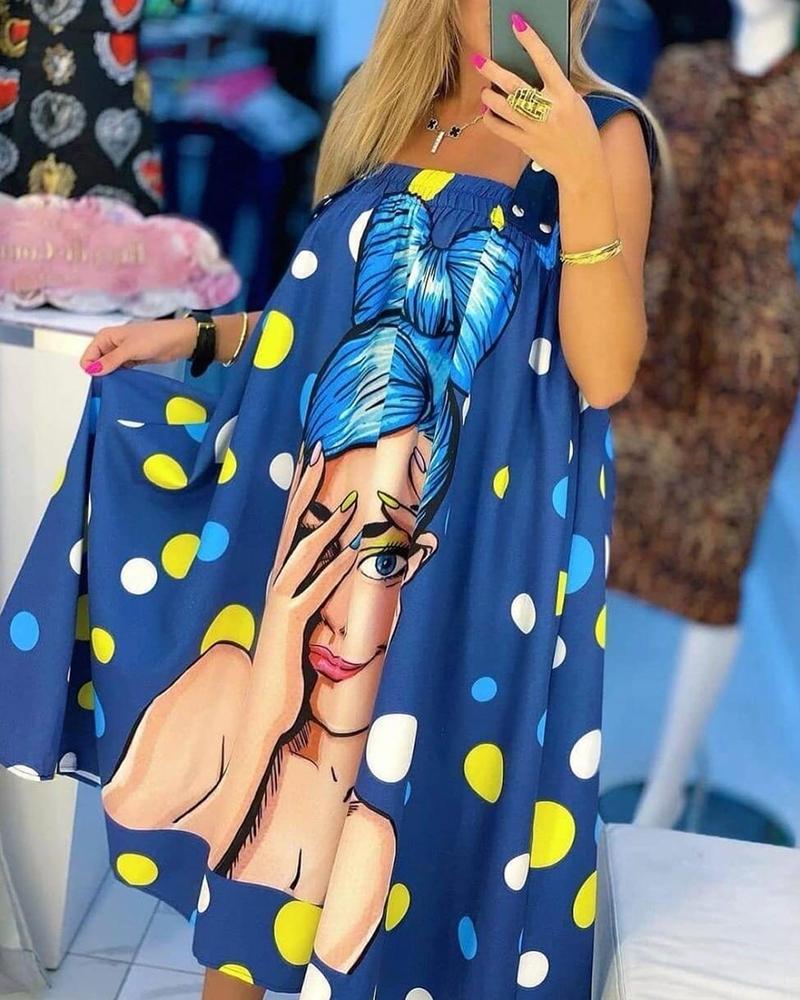 

Square Neck Strap Print Floral Large Bottom Dress, Blue