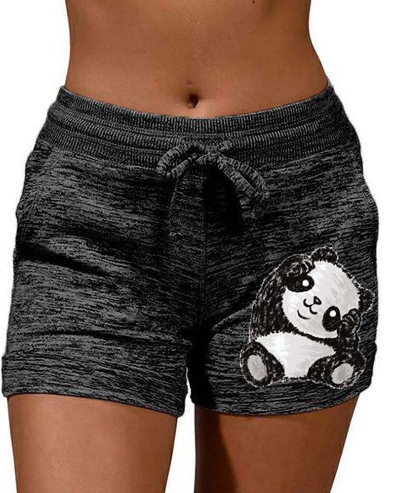 

Cartoon Panda Print Drawstring Short Pants, Black