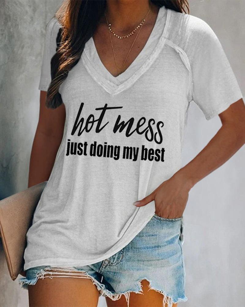 

V-neck Letter Print Plain Blouse, White