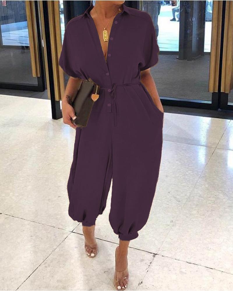 

Plus Size Plain Button Front Jumpsuit, Purple