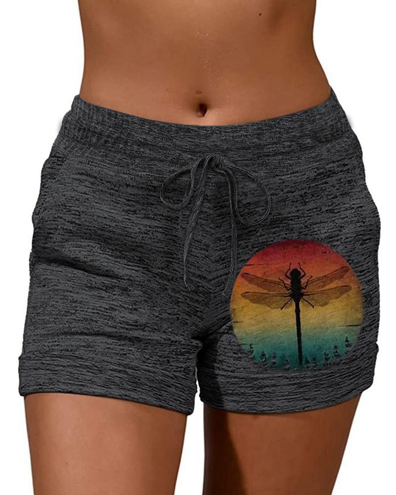 

Dragonfly Landscape Print Drawstring Shorts, Dark grey