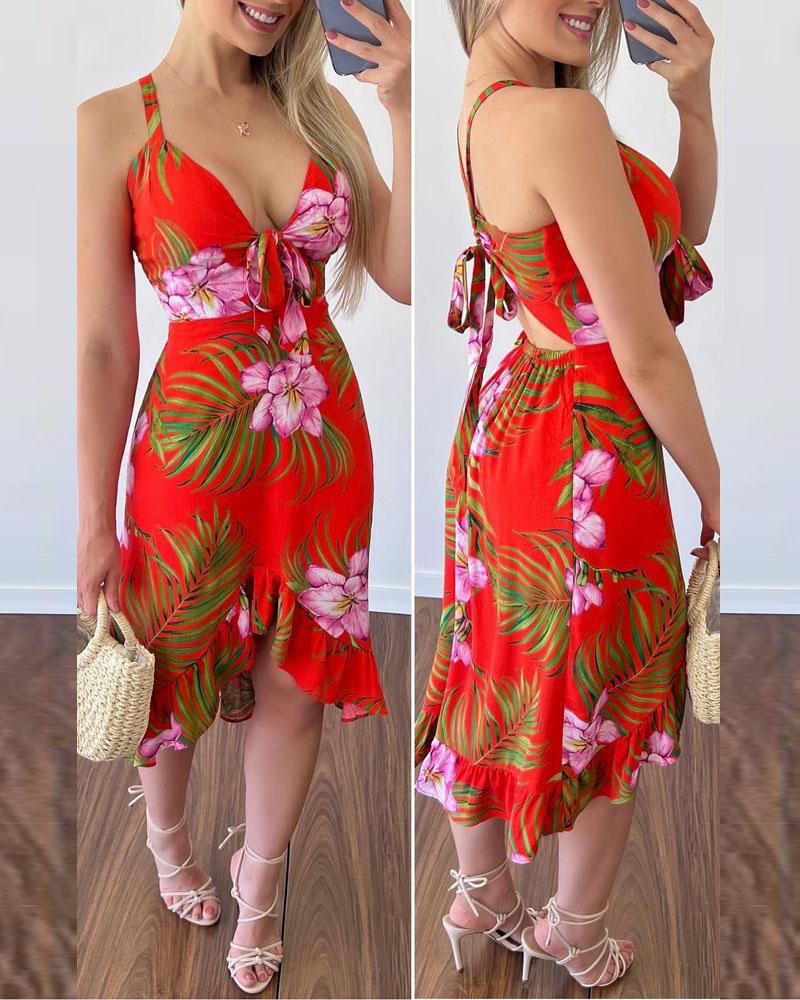 

Tied Detail Ruffle Hem Backless Tropical Print Dress, Red