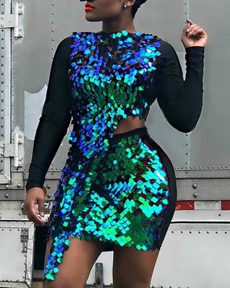 

Glitter Sequins Irregular Hem Colorblock Top & Skirt Sets, Green
