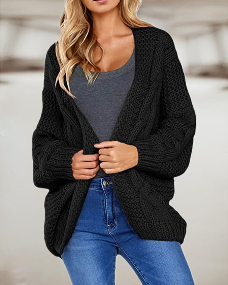 

Lantern Sleeve Casual Braided Knit Cardigan, Black