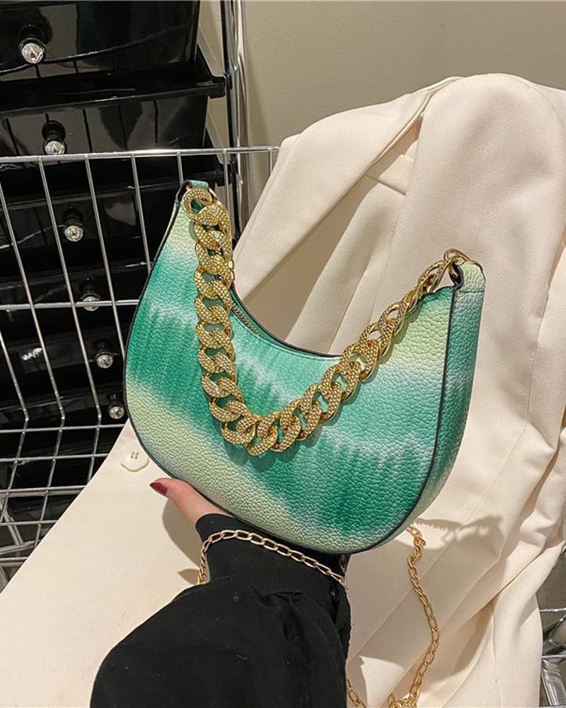 

Tie Dye Print Chain Strap Baguette Bag, Green