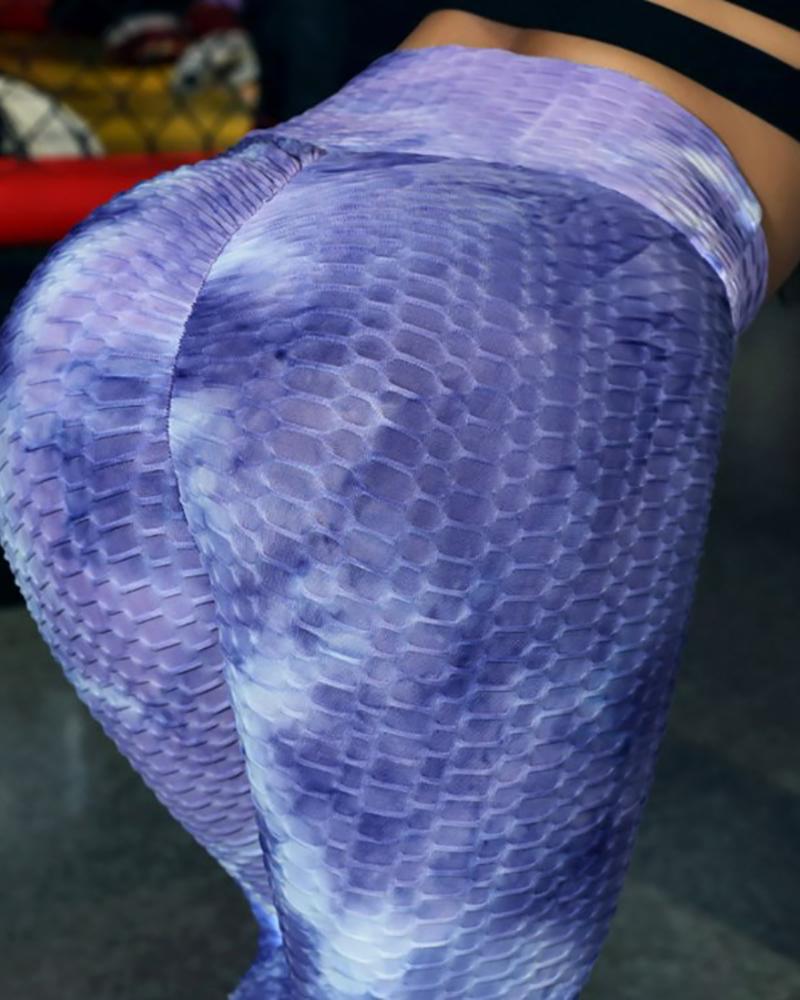 

Bubble Textured High Waisted Tie Dye Print Butt Lifting Yoga Pants, Purple