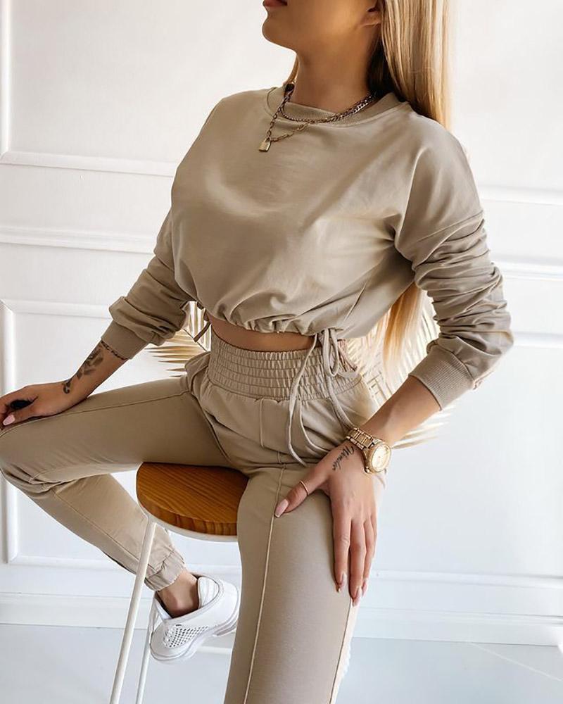 

Drawstring Ruched Sweater & Shirred Pants Sets, Apricot