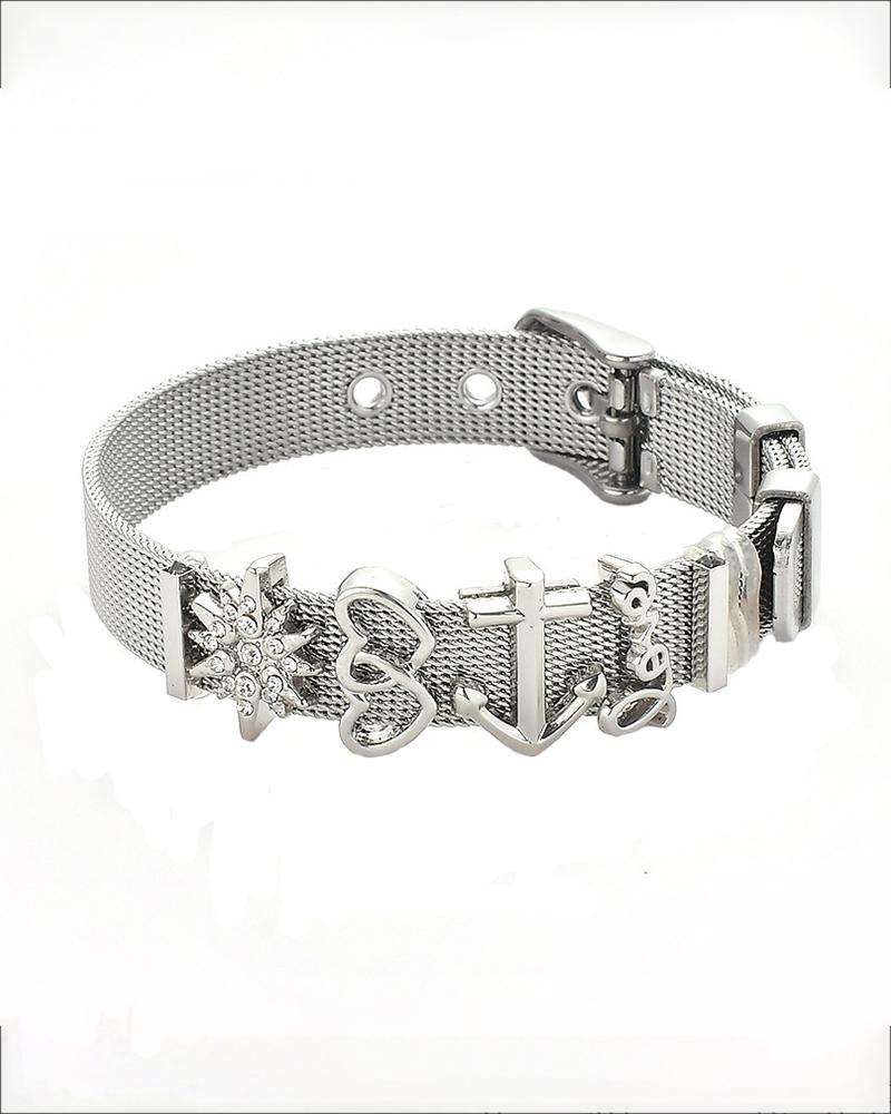 

Anchor & Heart & Letter Pattern Studded Braided Bracelet, Silver