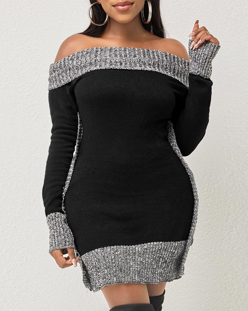 

Colorblock Off Shoulder Button Decor Sweater, Black