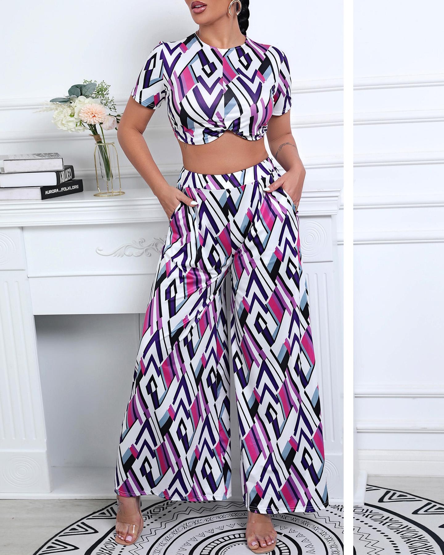 

Tie Front Allover Print Top & Wide Leg Pants Sets, Style1