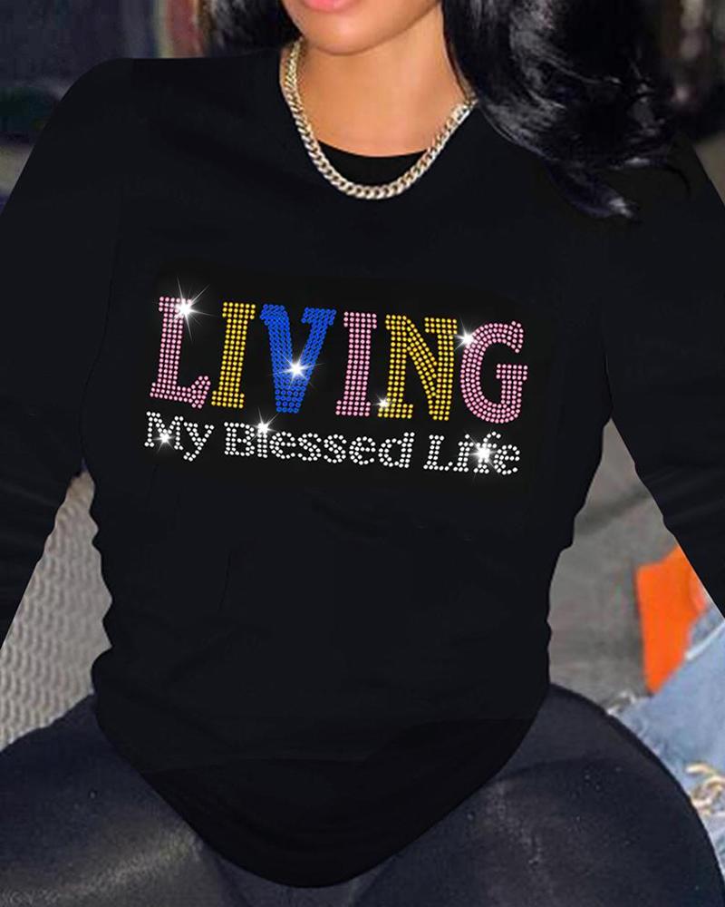 

Plus Size Rhinestone Living My Blessed Life Pattern Casual Top, Black