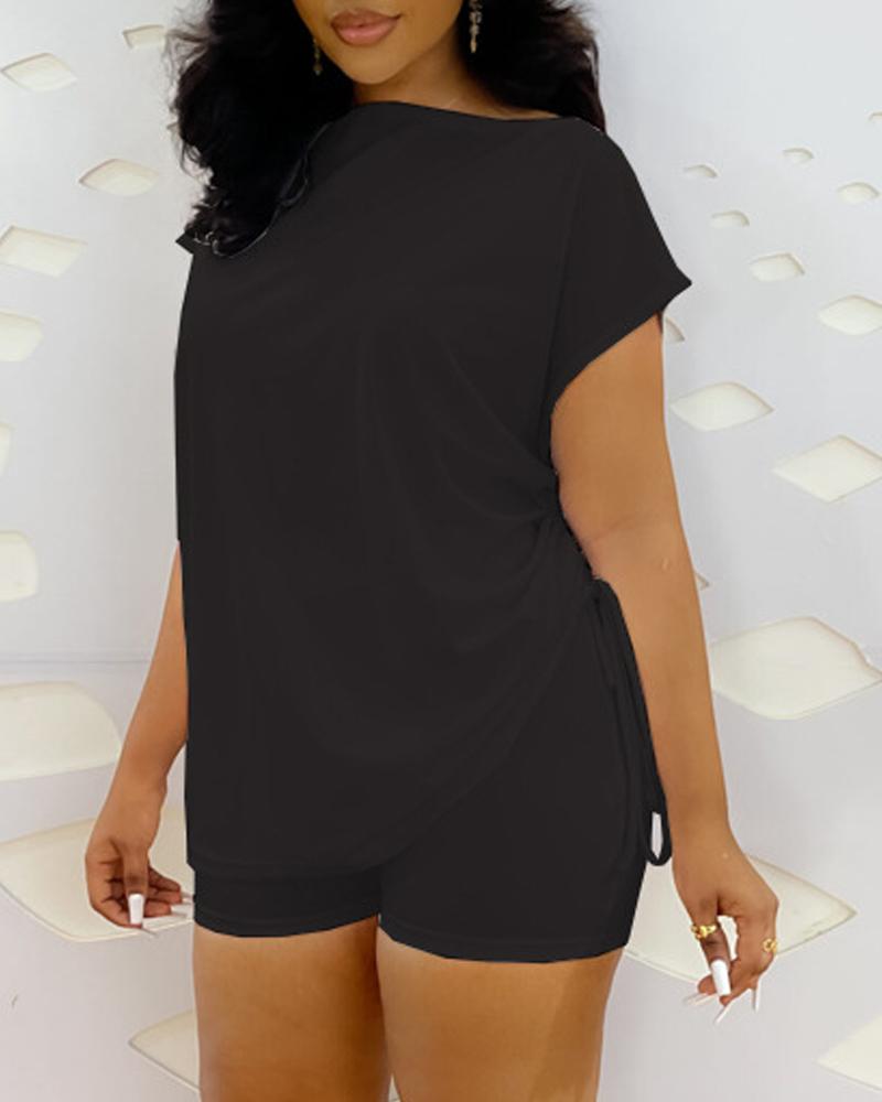 

Skew Neck Short Sleeve Top & Shorts Set, Black