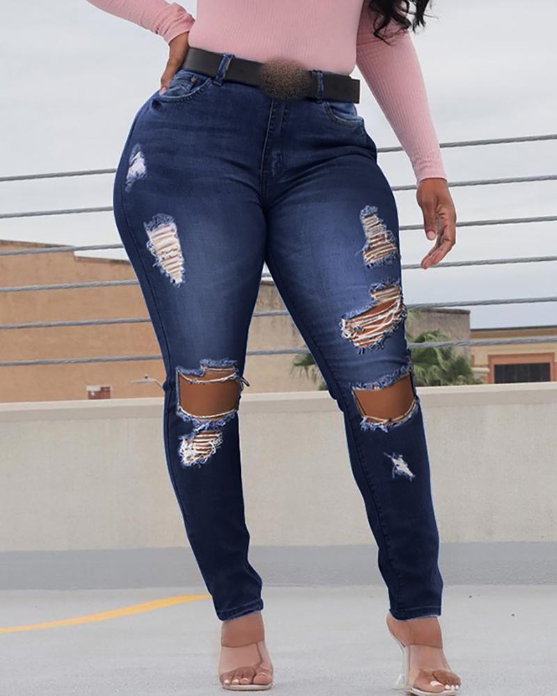 

Ripped Cutout High Waisted Denim Pants Without Belt, Dark blue