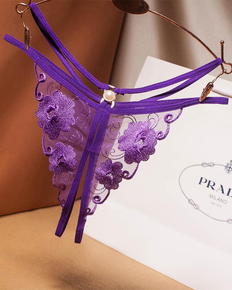 

See-through Mesh Splicing Embroidery Pearl Thong Panties, Purple