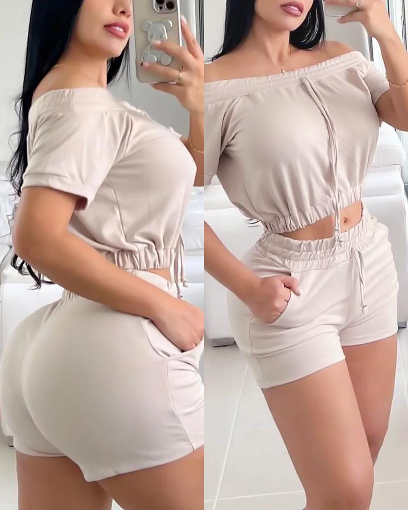 

Off Shoulder Top & Drawstring Shorts Set, Apricot