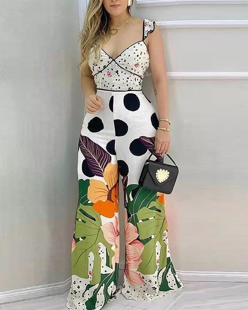 

Polka Dot Leaf Print Wide Leg Jumpsuit, Multicolor