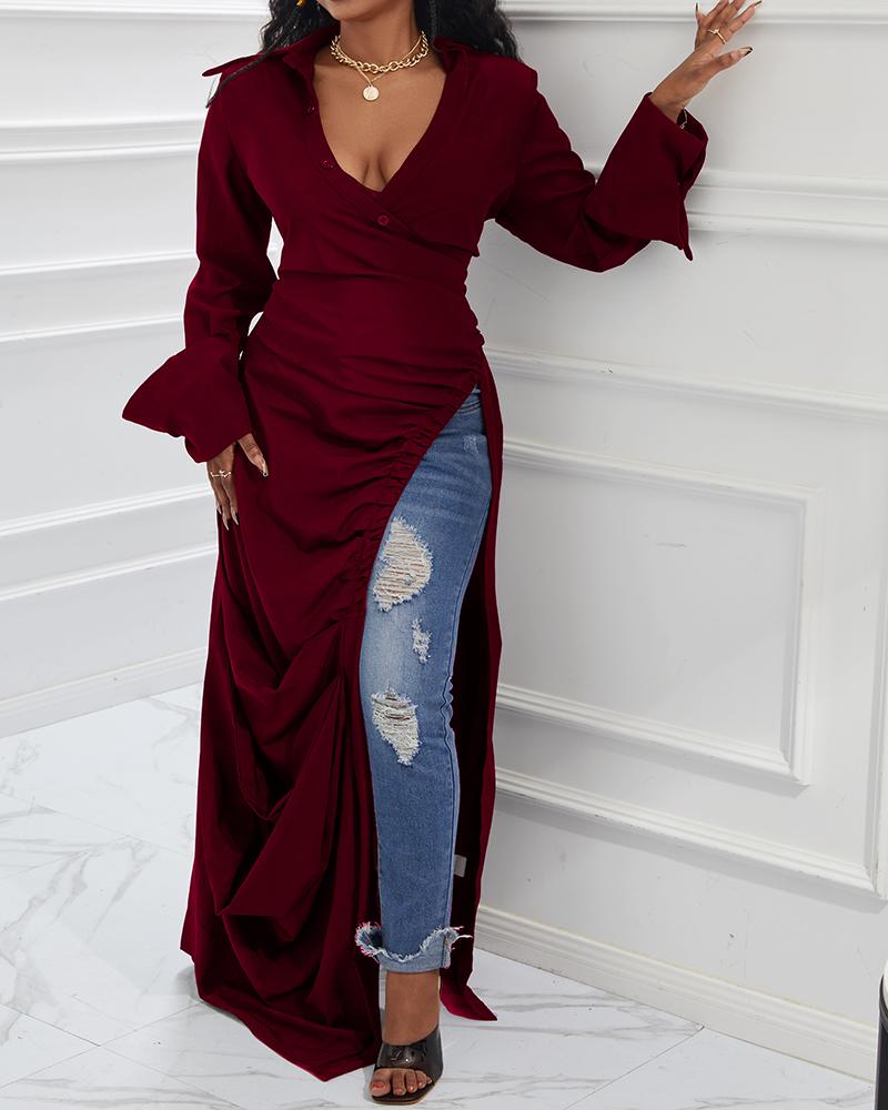 

Plus Size Ruched High Slit Longline Top, Wine red