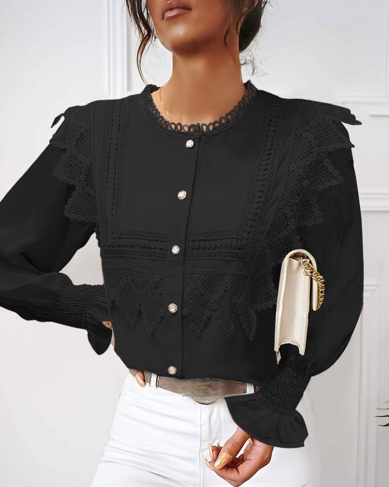 

Plain Lace Trim Button Front Top, Black