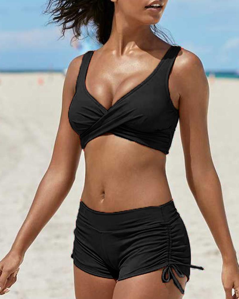 

Camouflage Print Lace-up Back Drawstring Bikini Set, Black