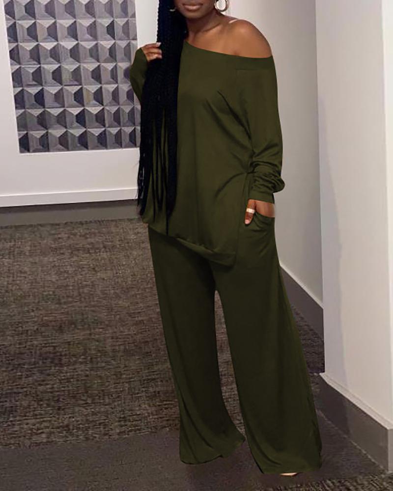 

Plus Size Long Sleeve Casual Top & Pocket Design Pants Sets, Green