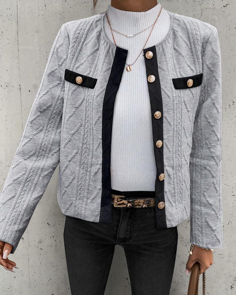 

Buttoned Patchwork Cable Textured Jacket, Gray