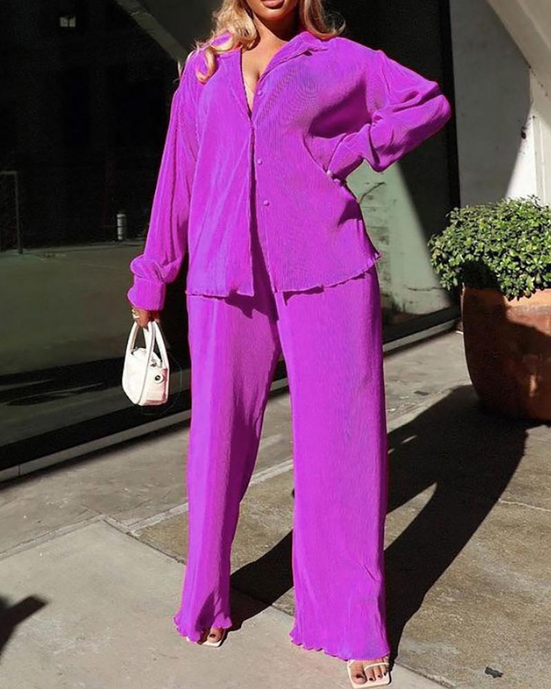 

Pastel Button Front Top & Wide Leg Pants, Purple