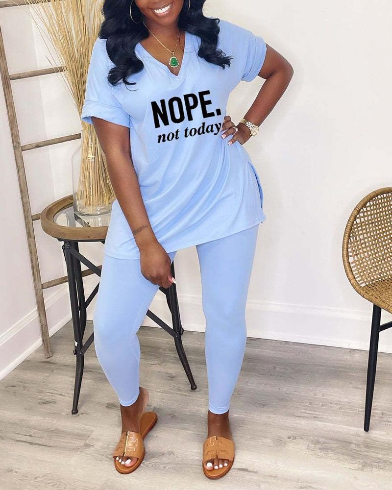 

Letter Print Split Hem Casual Top & Pants Set, Blue