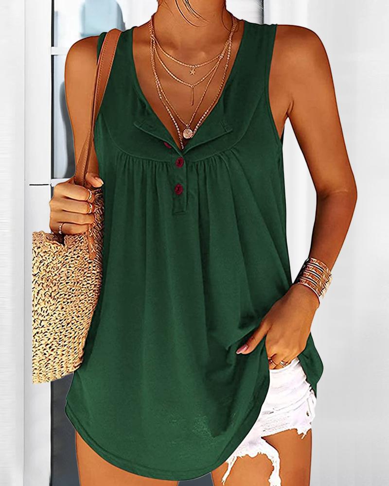 

Buttoned Ruched Round Neck Flowy Tank Top, Green