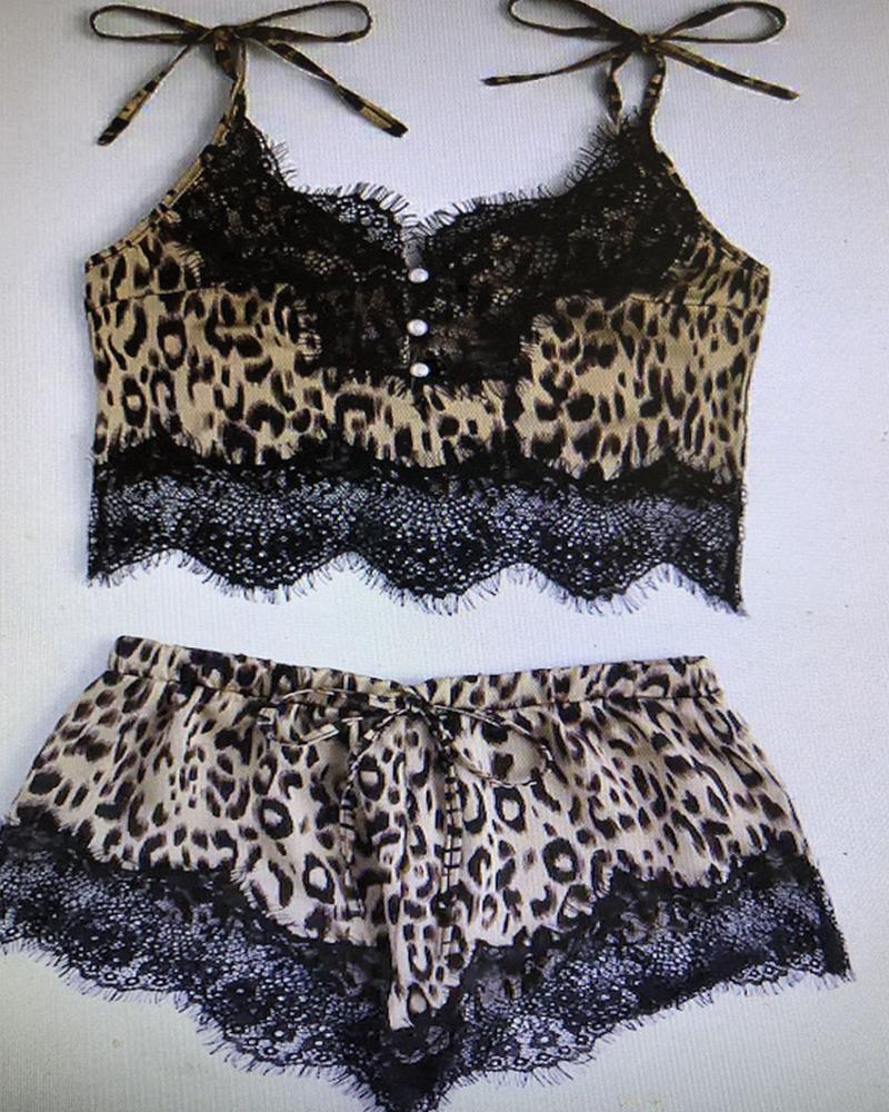 

Cheetah Lace Hem Tank Shorts Pajamas Sets, Leopard