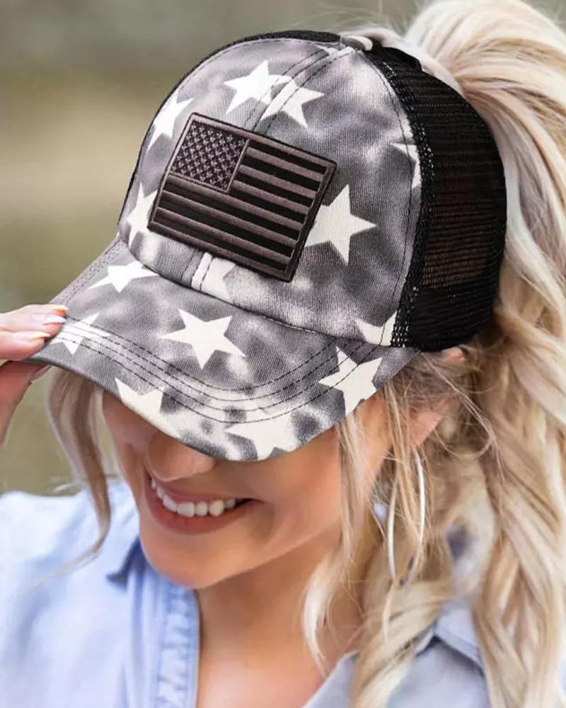 

American Flag Star Tie Dye Mesh Splicing Baseball Cap, Black