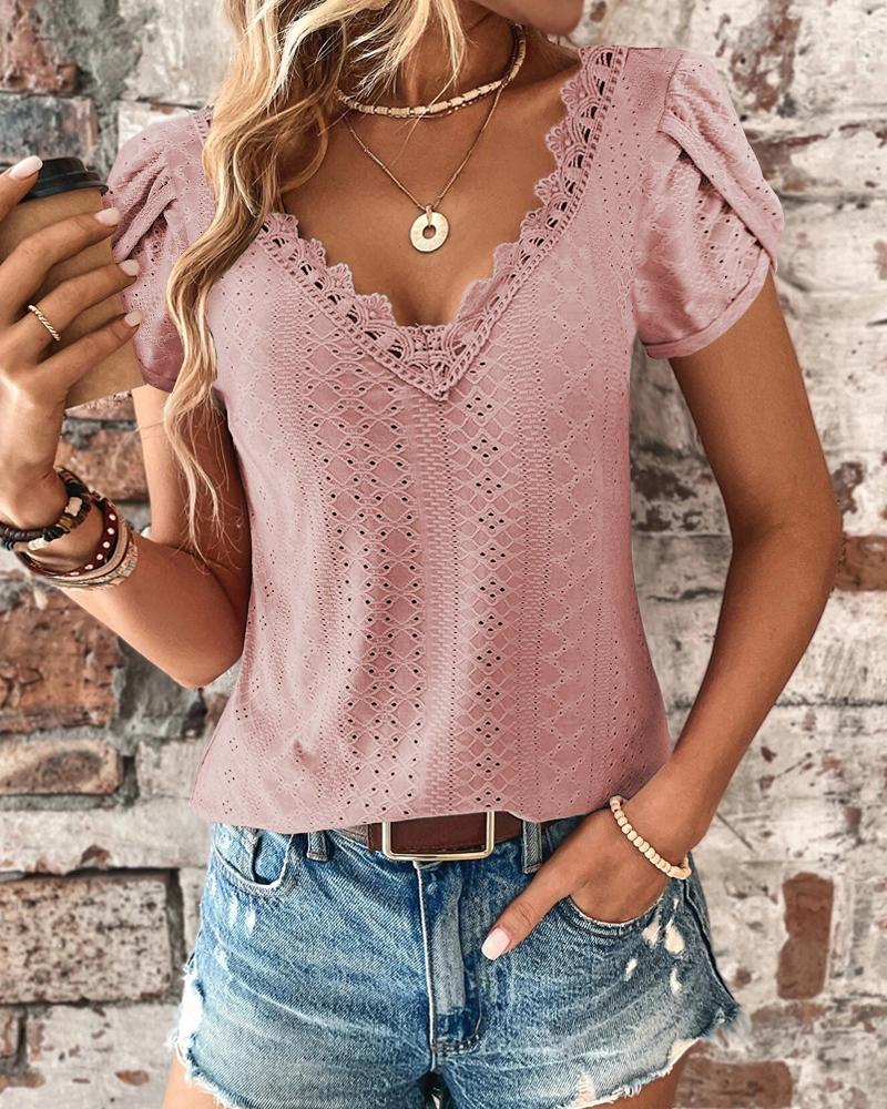 

Eyelet Embroidery Petal Sleeve T-shirt, Pink