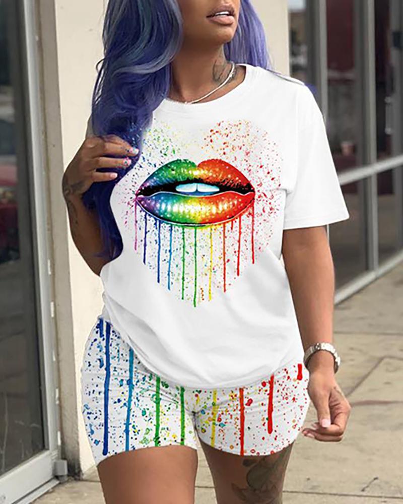 

Lip Tie Dye Print Top & Shorts Set, White