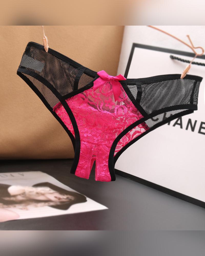 

Sexy See-through Color Block Lace Mesh Skinny Thong Panties, Hot pink