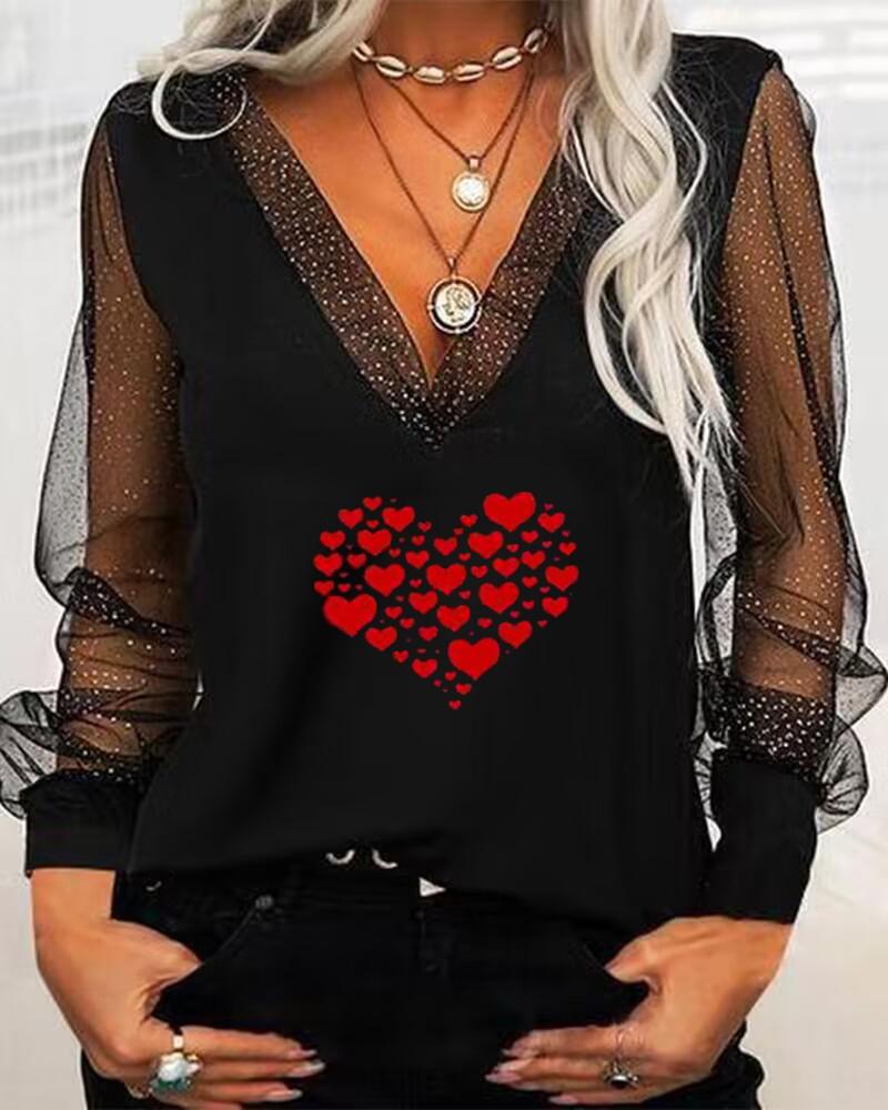

Valentine' Day Heart Print Contrast Mesh Long Sleeve Top, Black