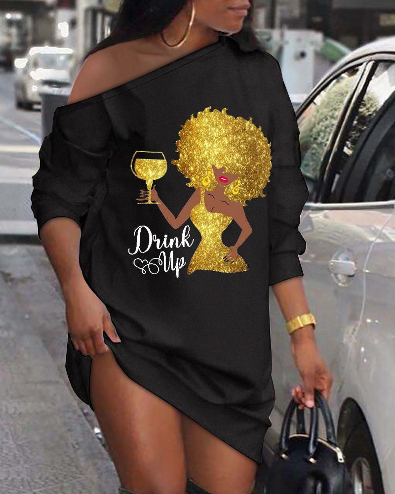 

Figure Wine Glass Print Long Sleeve Casual Dress, Black