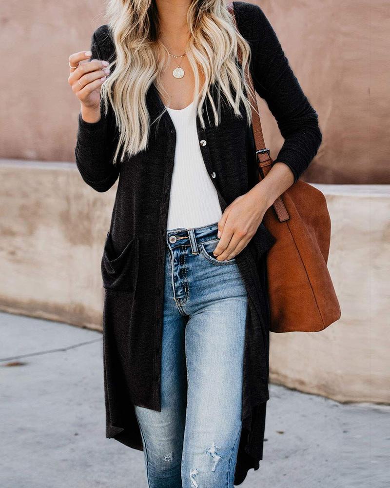 

Long Sleeve Button Front High Low Hem Cardigan, Black