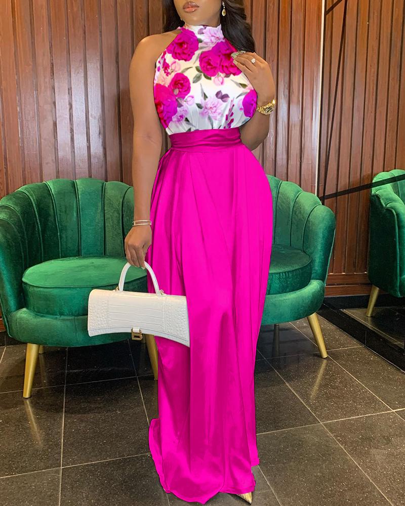

Floral Print Wide Leg Sleeveless Satin Jumpsuit, Hot pink
