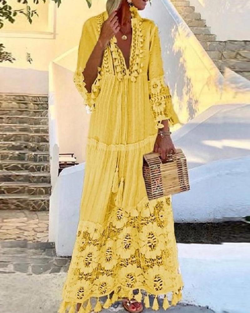 

Solid Long Sleeve Loose Tassel BOHO Dress, Yellow