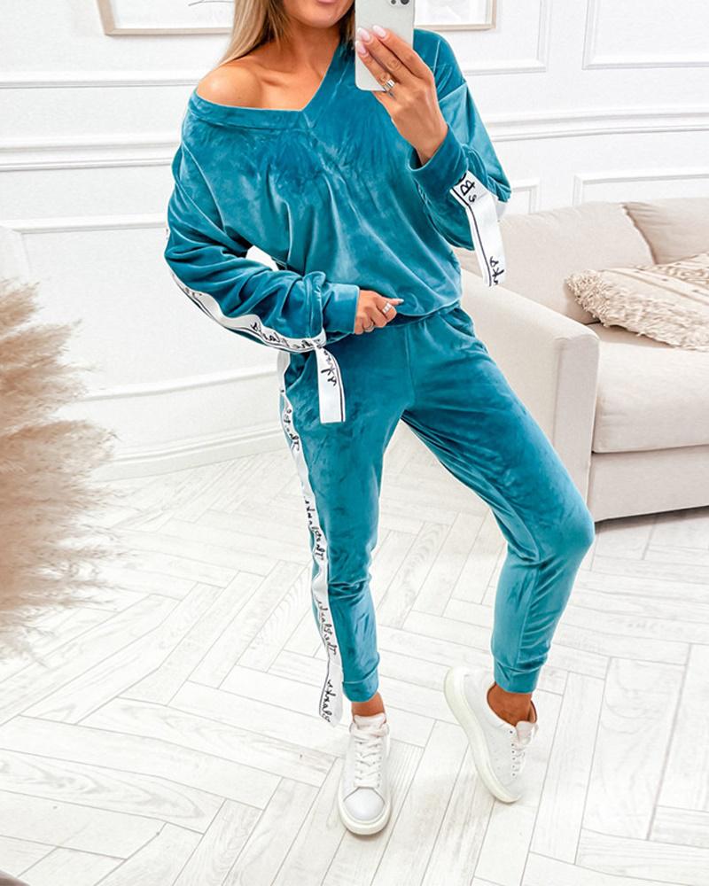 

Letter Tape Patch Long Sleeve Top & Pants Set, Blue