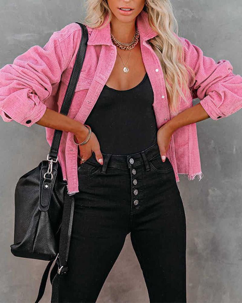 

Pocket Design Buttoned Fringe Hem Corduroy Jacket, Hot pink