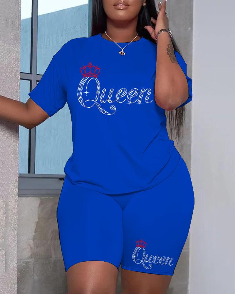 

Letter Crown Pattern Rhinestone T-shirt & Shorts Set, Blue