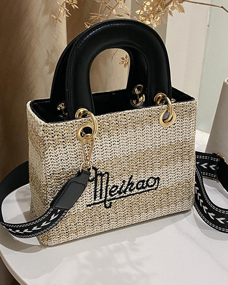 

Braided Rainbow Stripe Letter Embroidery Straw Satchel Bag, White