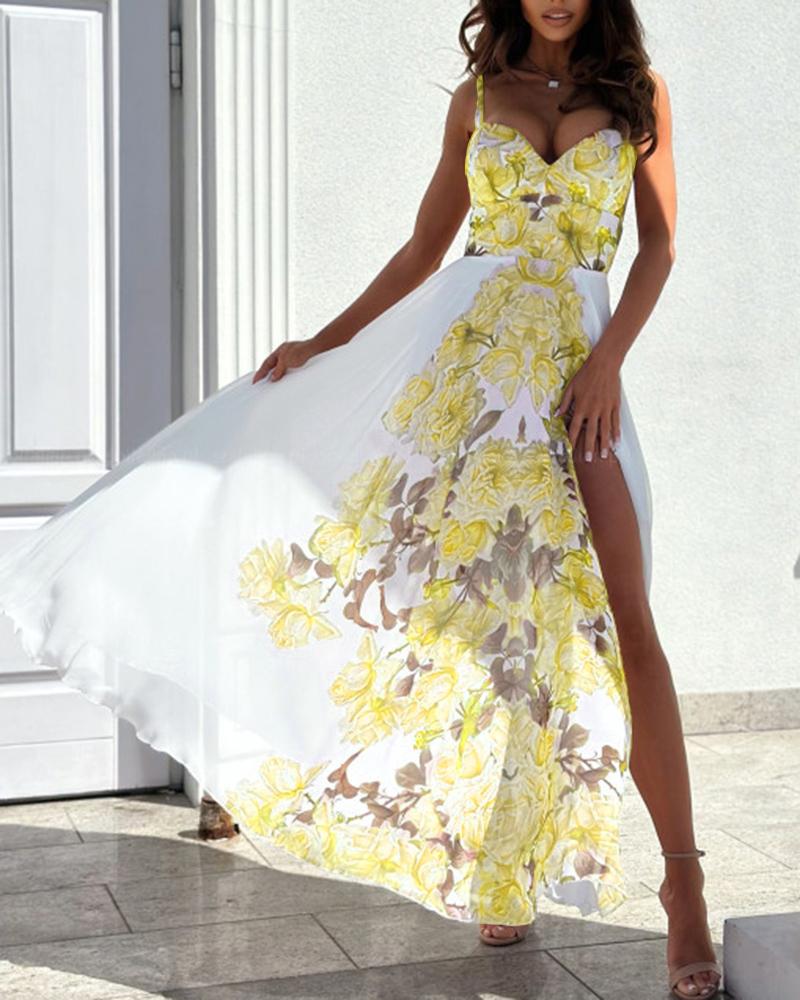 

Floral Print High Slit Cami Maxi Dress, Yellow