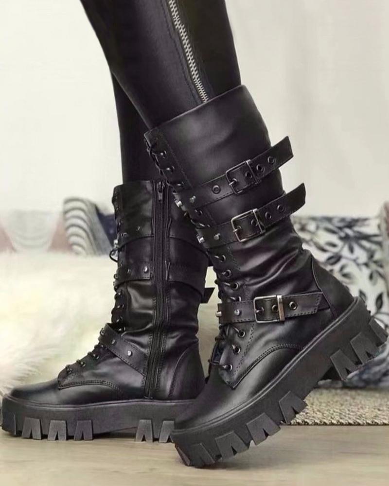 

Eyelet Buckled Zipper Design Platform Boots, Black