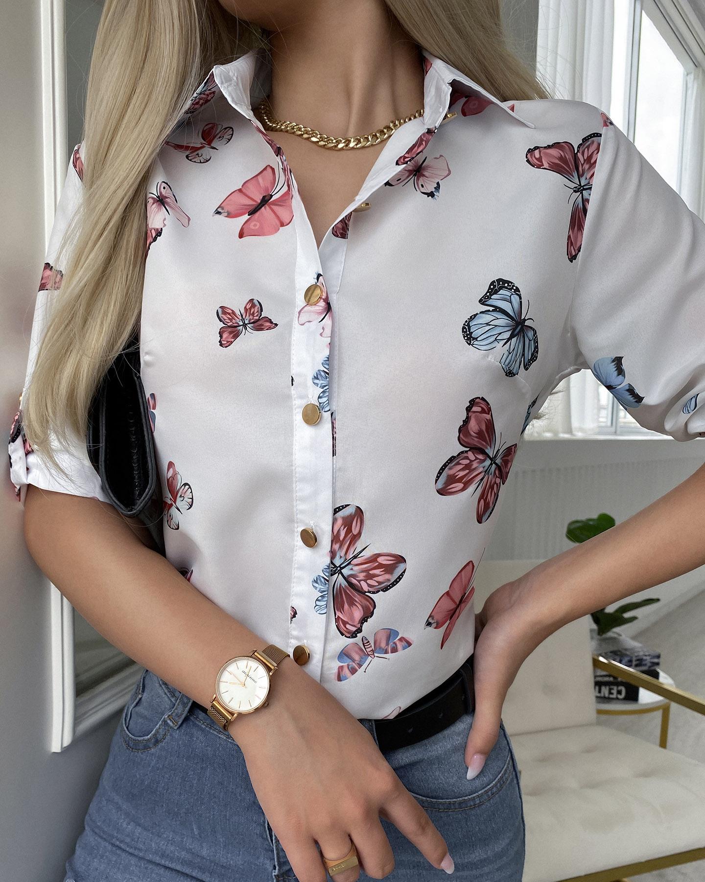 

Half Sleeve Butterfly Print Buttoned Shirt, White