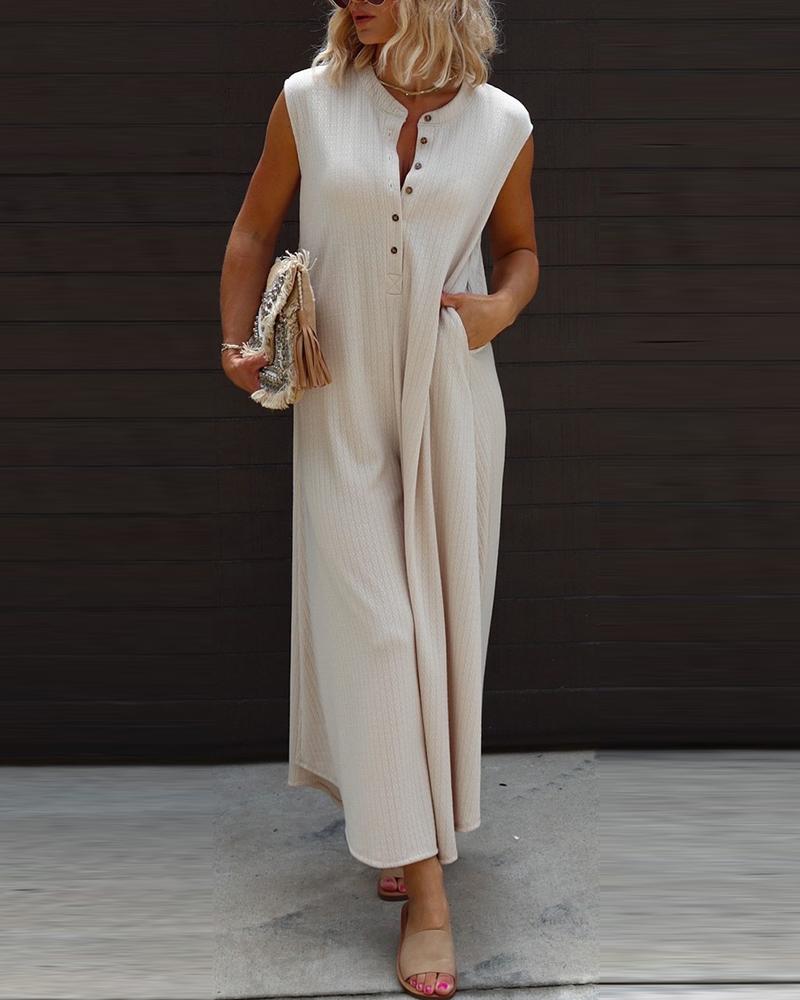 

Stand Collar Sleeveless Wide Leg Jumpsuit, Beige